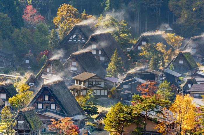 Shirakawa-go, Gifu Prefecture Thatched roof with steam rising in the morning sun