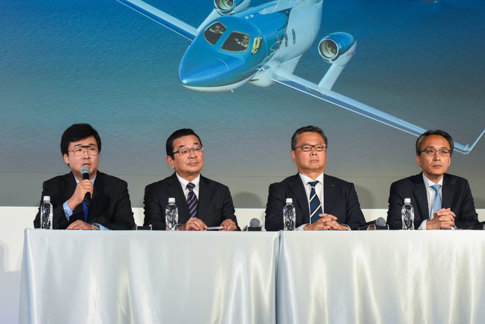 Honda Jet goes on sale in Japan. Honda Aircraft Company, a subsidiary of Honda, announced on April 6 that it will begin taking orders for the HondaJet, a small business jet, in Japan. Marubeni Aerospace, a subsidiary of Marubeni Corporation, will be the sales dealer. Pictured from left to right are Michitada Fujino, President and CEO of Honda Aircraft Company, L.L.C.  Takahiro Hachigo, President and Representative Director of Honda Motor  Toshiaki Ujiie, Managing Executive Officer and CEO of Marubeni Corporation s Transportation Aircraft Group  and Gentaro Toya, President and CEO of Marubeni Aerospace Corporation, on June 6, 2018 at at Honda Welcome Plaza Aoyama.