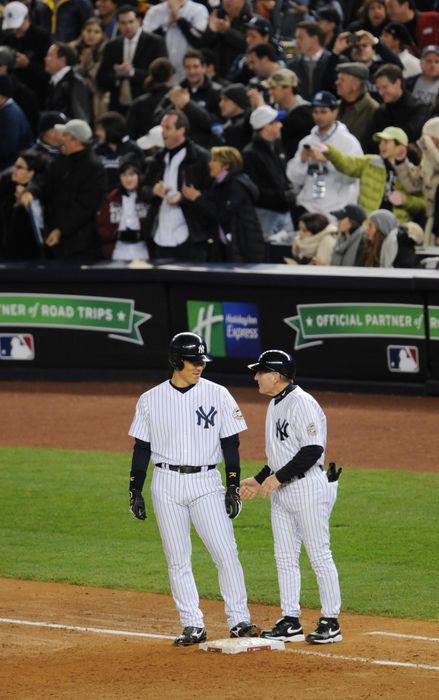 2009 MLB World Series Game 6 Hideki Matsui  Yankees , NOVEMBER 4, 2009   MLB : Hideki Matsui of the New York Yankees celebrates on the first base with First Base Coach Mick Kelleher after hitting a two RBI single in the bottom of the third inning of Game 6 of the 2009 MLB World Series against the Philadelphia Phillies at New Yankee Stadium in the Bronx, NY, USA.  Photo by AFLO   2324 .