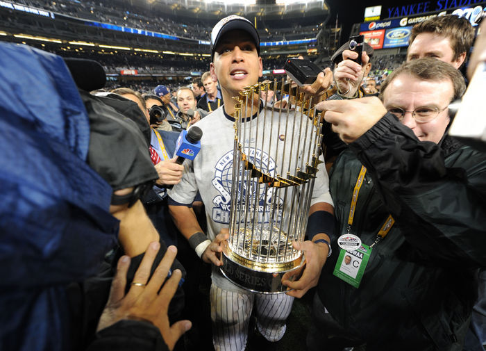 Yankees World Series Champion  Alex Rodriguez  Yankees , NOVEMBER 4, 2009   MLB : Alex Rodriguez of the New York Yankees celebrates with the trophy after the Yankees defeated the Philadelphia Phillies in Game 6 to win the 2009 Major League Baseball World Series at New Yankee Stadium in the Bronx, NY, USA.  Photo by AFLO   2324 