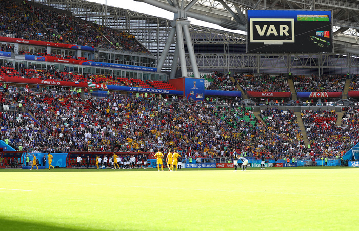 2018 FIFA World Cup France v Australia A general view as the screen shows the VAR  Video Assistant Referee  during the FIFA World Cup Russia 2018 Group C match between France 2 1 Australia at Kazan Arena in Kazan, Russia, June 16, 2018.  Photo by Kenzaburo Matsuoka AFLO 