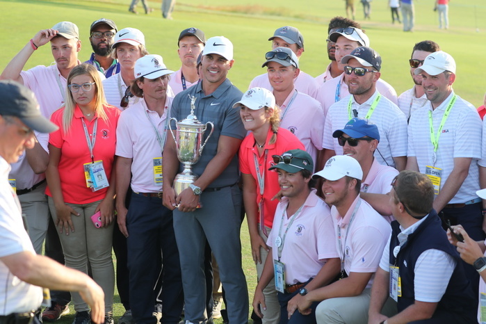 2018 U.S. Open Final Day Brooks Koepka of USA celebrates with the trophy and staffes after winning the final round of the 118th U.S. Open Championship at the Shinnecock Hills Golf Club in Southampton, New York, United States, on June 16, 2018.  Photo by Koji Aoki AFLO SPORT  