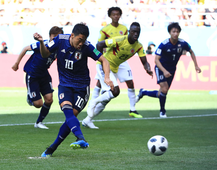 2018 FIFA World Cup Kagawa scores first goal on penalty kicks Shinji Kagawa scores the first goal on a penalty kick in the first half between Japan and Colombia, June 19, 2018 photo date 20180619 place Saransk, Russia