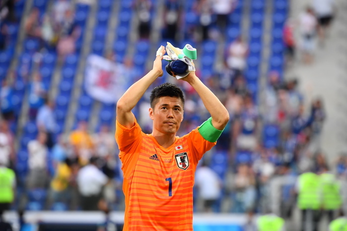 2018 FIFA World Cup Japan Finishes 2nd in Group and Advances to Last 16 Japan goalkeeper Eiji Kawashima applauds the fans after the FIFA World Cup Russia 2018 Group H match between Japan 0 1 Poland at Volgograd Arena in Volgograd, Russia, June 28, 2018.  Photo by JFA AFLO 