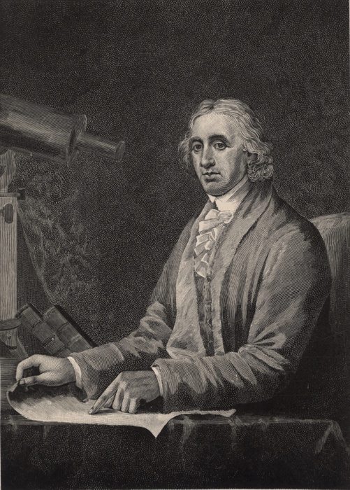 David Rittenhouse (1732-1796), American astronomer and inventor.  He introduced spider's web as cross-hairs in telescopes and measuring instruments.  He discovered the atmosphere of the planet Venus. Engraving 1896. 
