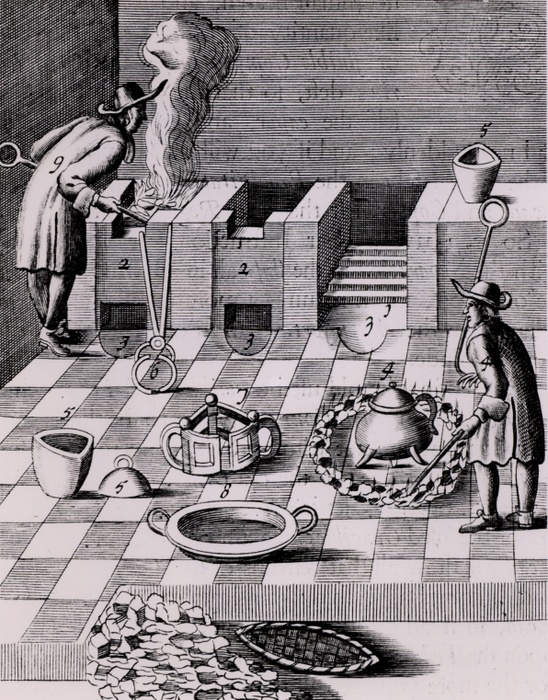Refining gold: furnaces, 2,2, and operator, 9.  The man near 4 is gradually heating a crucible surrounded by a ring of burning coals: to increase the heat coals were be raked into a smaller circle. From 1683 English edition of Lazarus Ercker  'Beschreibung allerfurnemisten mineralischen Ertzt- und Berckwercksarten' originally published in Prague in 1574. Copperplate engraving.
