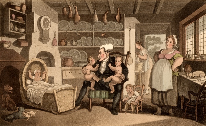 Doctor Syntax Turned Nurse. Typical farmhouse kitchen-living room. The maid is doing the washing in the scullery through the doorway  One child is in a basketwork cradle and another in a miniature chair.  Doctor Syntax is holding what appear to be twins. Smoked hams hang from the ceiling and pewter plates stand on the shelves of the kitchen dresser.   Thomas Rowlandson illustration for 'The Tours of Dr Syntax' by William Combe (London, 1820). Aquatint. 