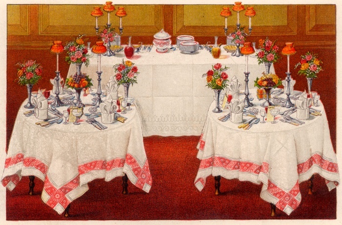 Arrangement of tables for a buffet supper.  Oleograph from 'Household Management' by Isabella Beeton (London, 1906).