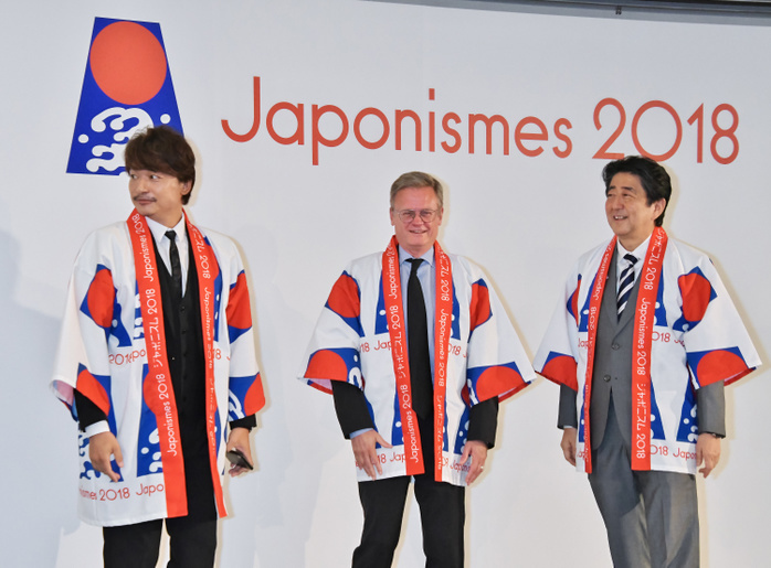  Japonism 2018  send off party in Tokyo Japan s Prime Minister, Shinzo Abe, French Ambassador to Japan, Laurent Pic, Shingo Katori, July 2, 2018, Tokyo, Japan :  L R French Ambassador to Japan, Laurent Pic, Singer and actor Shingo Katori and Japan s Prime Minister Shinzo Abe attend the send off party for  Japonism 2018: souls in harmony  in Tokyo, Japan on July 2, 2018. Japan s traditional and pop culture events including art exhibitions, theatrical performances, 100 movies and fireworks will be carried in France mainly in Paris for 160th anniversary event for establishment of diplomatic relations between France and Japan in 2018.  Photo by AFLO 