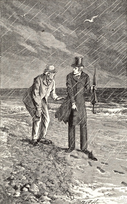 Sergeant Cuff, right, and Gabriel Betteridge following Roseanna Speareman's footsteps to the Shivering Sands. Illustration by Arthur Fraser (active 1865-1898) for 'The Moonstone' by Wilkie Collins (London, 1890). First published in 1868 and said by TS Eliot to be the 'the first and greatest of English detective novels'. 