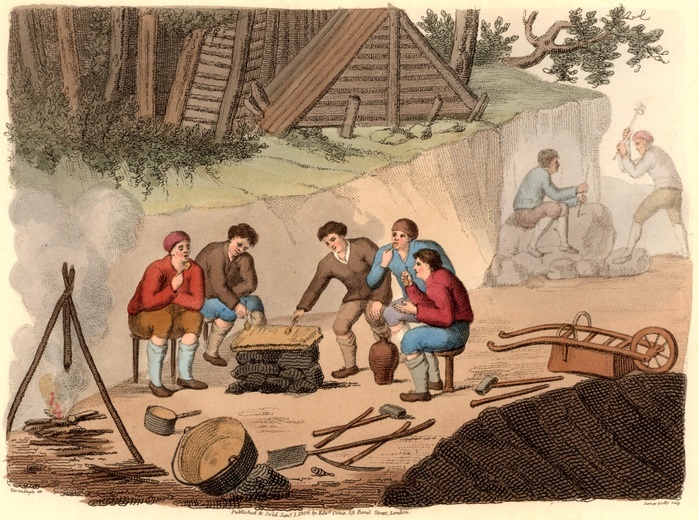 The Quarryman of Grisante'.  The stone quarry workers (miners) are enjoying a meal of polenta and wine.  The polenta has been cooked in a pot of water over the fire at the left.  In the background men break down the blocks of stone.  Polenta flour can be made from wheat, chestnuts or maize.  Hand coloured lithograph from 'Italian Scenery, Manners and Customs' by Buon Airetti (London, 1806).