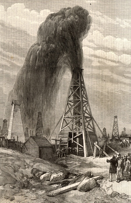 Baku oilfields in South Western Azerbaijan.  A 'gusher' spouting out a fountain of oil before it has been brought under control.  Engraving from 'The Illustrated London News' (London, 12 June 1886).
