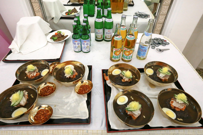 North Korean cold noodles or Naengmyeon is seen prepared on a table as basketball players from South Korea and North Korea attend a banquet welcoming South Korean delegation at Okryukwan Restaurant in Pyongyang Inter Korean friendly basketball match, July 3, 2018 : North Korean cold noodles or Naengmyeon is seen prepared on a table as basketball players from South Korea and North Korea attend a banquet welcoming South Korean delegation at Okryukwan Restaurant in Pyongyang, North Korea. The 100 strong South Korean delegation of athletes, coaches, government officials and journalists arrived in Pyongyang on Tuesday. South and North Korea will hold four inter Korean friendly basketball matches in Pyongyang from July 4 5. The inter Korean basketball matches will be held for the first time in 15 years. EDITORIAL USE ONLY  Photo by Press Pool in Pyeongyang Lee Jae Won AFLO   NORTH KOREA 