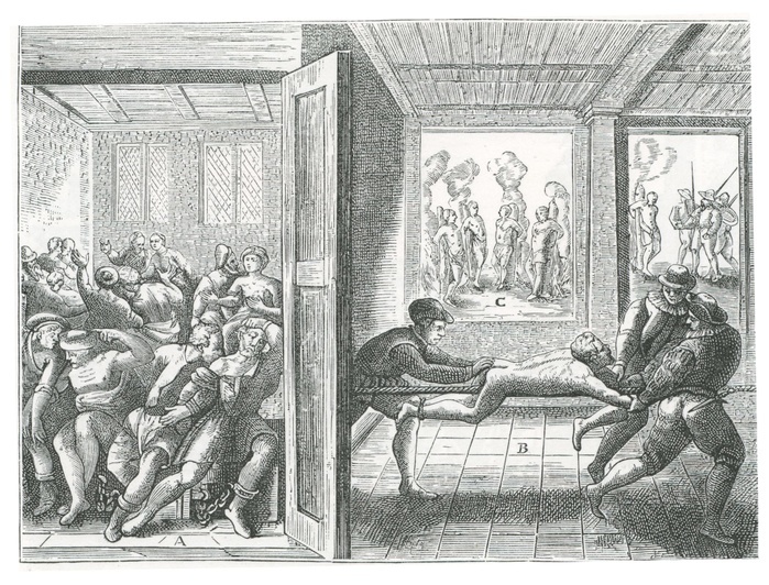 Religious atrocities perpetrated against French Catholics by Huguenots in Angouleme. Left: Catholics chained in pairs and shut in a room without food and water. Right: Man tortured by being draw back and forth along a rope.  From 'Theatrum crudelitatum nostri temporis Anvers', 1587.