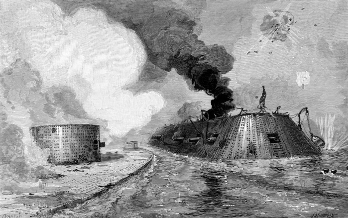  US  Civil War American Civil War:  Engagement between the Confederate ironclad  Merrimac   also called  Virginia   and the Union ironclad  Monitor    8 March 1862. Wood engraving published New York, 1885.