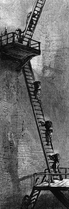 Women climbing ladders to carry coal up a mineshaft. Scotland, early nineteenth century. Wood engraving from L. Simonin 'Mines and Miners', London, c1865.