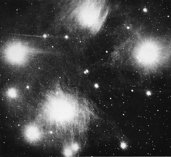 Constellation of The Pleiades (Seven Sisters) photographed with the 36 inch Crossley reflector at the Lick Observatory. From 'The Publications of the Lick Observatory' Vol.VIII, Sacramento 1908