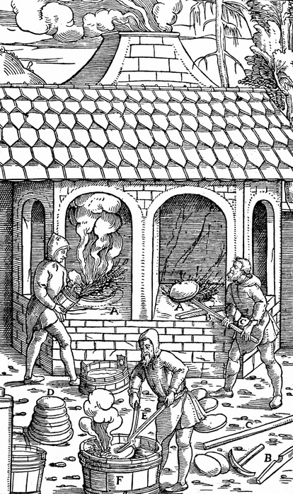Refining copper: removing cakes of copper from the crucible and quenching in a tub of water. From Agricola 'De re metallica', Basle, 1556. Woodcut