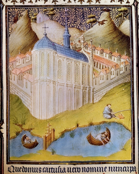 Carthusian monks netting and hooking fish in monastery fishponds, Chartreuse, founded by St Bruno of Cologne (11th century). Detail from Les Belles Heures du duc Jean de Berry. 15th century. manuscript