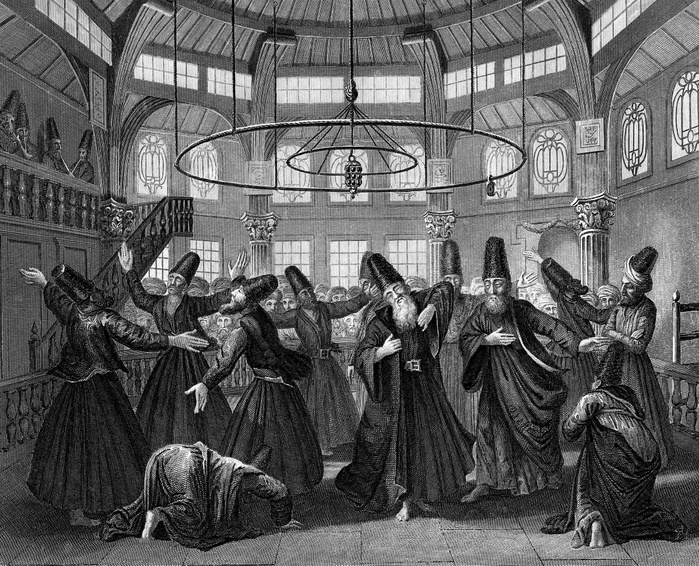 Dervishes, members of Muslim religious order founded in the 12th century, dancing and performing ritual of 'remembering' god in self-induced ecstatic trance. 19th century engraving.
