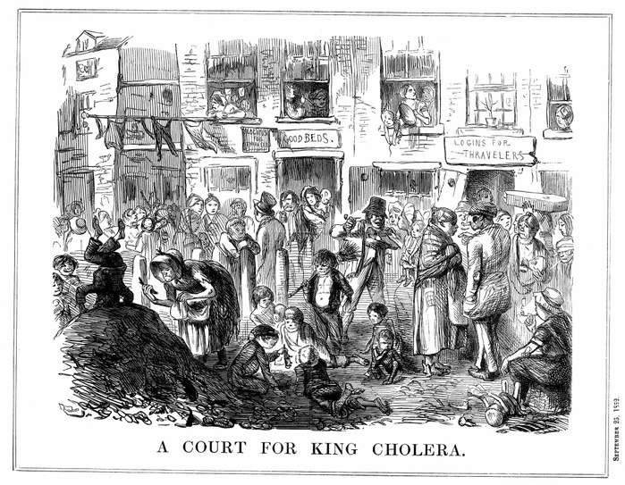A Court for King Cholera'  typical of crowded, unsanitary conditions in London slums. Cartoon from 'Punch' London 25 September 1852. Wood engraving.