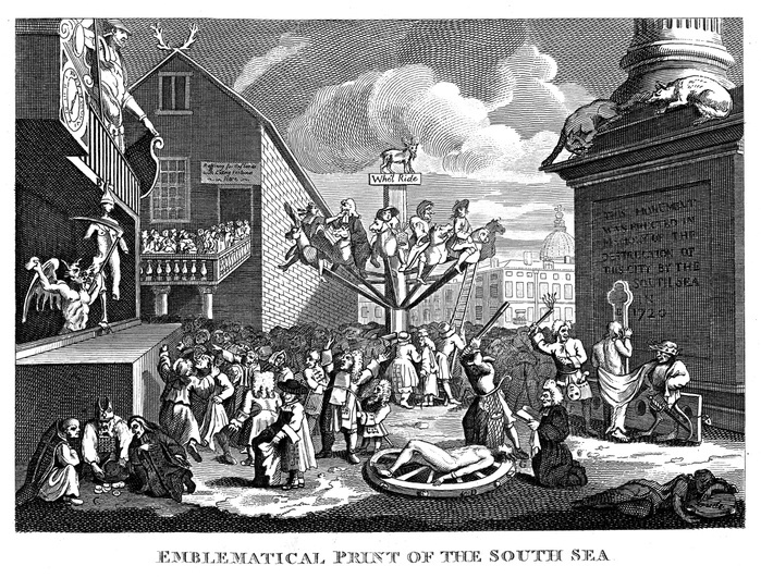 William Hogarth's print published in 1721, satirising the South Sea Bubble. People queue to enter Devil's shop, while he cuts up Fortune. Clerics of various denominations gamble (1.foreground) People ride on wooden hobby horse. Honour is flogged in the stocks by Villainy and Honesty is broken on the wheel with self-interest acting as confessor. Engraving