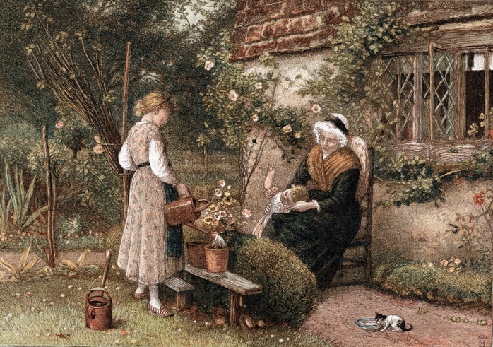 Youth and Age. Chromolithograph after painting by Myles Birkett Foster (1825-1899), English artist, published London 1866. Grandmother in lace cap seated in cottage garden with two grandchildren.  The girl uses watering can to water plant in pot. Kitten drinks from saucer on path.  Behind them is a rose-covered cottage with lattice casement windows.