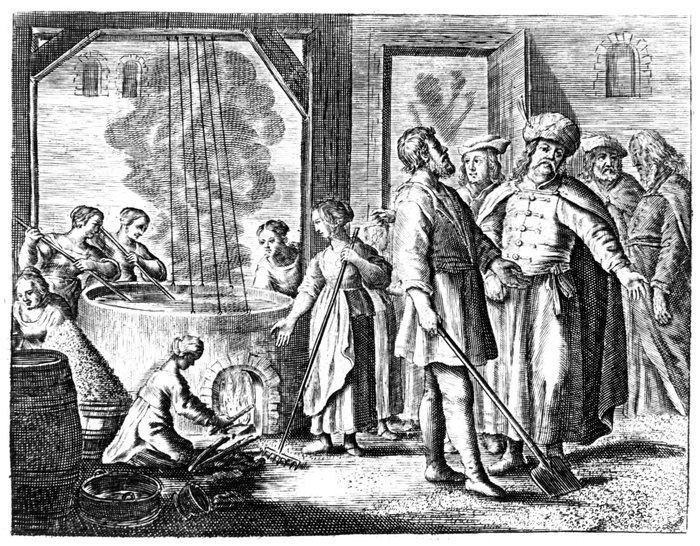 Salt Works:  on right quality of product is being shown to potential customer while, left, women are refining brine in a boiler. Eggs were sometimes added to brine and the impurities removed from surface with resulting scum.  From Johann van Beverwycks 'Schat der Gesontheyt', Amsterdam, 1660. Copperplate engraving.
