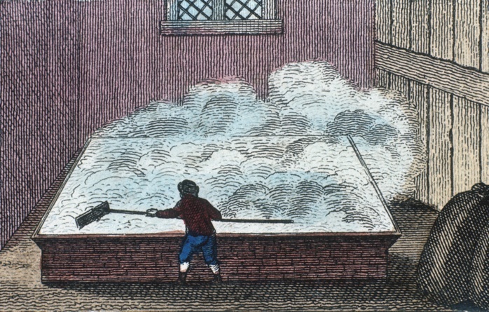 Rock Salt: Refining salt, Northwich Cheshire, England. Brine heated with eggs and resulting scum containing impurities removed. From the Rev. Isaac Taylor  'Scenes of British Wealth', London, 1823. Hand-coloured engraving.