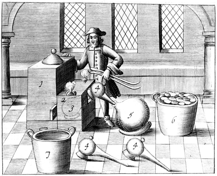 Distillation of Nitric Acid.  Also known as Aqua Fortis or Parting Acid, nitric acid was widely used in the refining and assaying of metals. From 1683 English edition of 'Beschreibung allerfurnemisten mineralischen Ertzt', Lazarus Ercker, (Prague, 1574). Copperplate engraving.