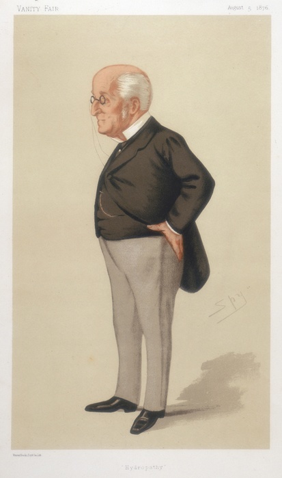 James Manby Gully  (1808-1883) British physician who practised first in London then in Malvern, Worcestershire, where he specialised in hydrotherapy. His reputation was damaged by connection with the scandal of the Bravo murder case of 1876, at the time of this cartoon. Gully published 'The Water Cure in Chronic Disease' (1846). He was the model for Dr Gullson in Charles Reade's 'reforming' novel 'It is Never Too Late to Mend' (1856), later produced as a play. Cartoon from 'Vanity Fair'. (London, 5 August 1876).