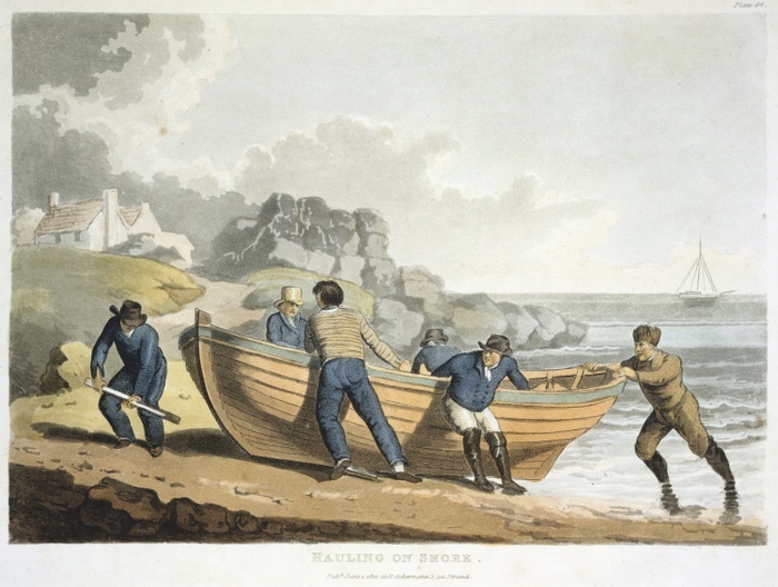 Seamen hauling a clinker-built dingy up on shore.  In this type of construction the planks of the vessel overlap the plank below and are fastened with clinched (protruding point hammered back on itself) copper nails.  Aquatint (London, 1821).