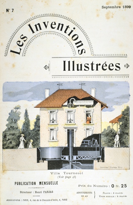 Villa Tournesol, 1899. A revolving clinic designed to take full advantage of the heat and light of the sun for therapeutic purposes.  Supported on a metal platform mounted on bearings. Hollow central pillar carried services into the building. From 'Les Inventions Illustrees', (Paris, September 1899).