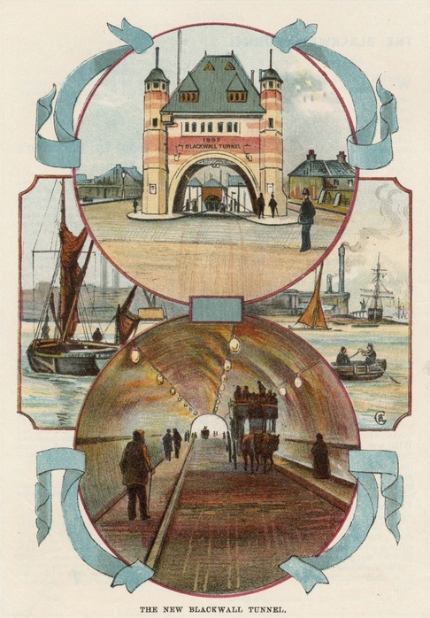 Blackwall Tunnel, London, opened 1897.This tunnel,the older Western tunnel, connects the Essex and Kent sides of the Thames. Designed by the London County Council's  chief engineer Alexander Binnie (1839-1917), the latest techniques were used in its construction. James Henry Greathead's (1844-1896) tunelling shield was employed. The tunnel was lined with glazed white brick and lit by electric light. It had two lanes for wheeled traffic and footpaths for pedestrians. View of entrance, of river, and of traffic in tunnel. From 'Bubbles' c1900 published by Dr Barnados Homes for Children. Oleograph