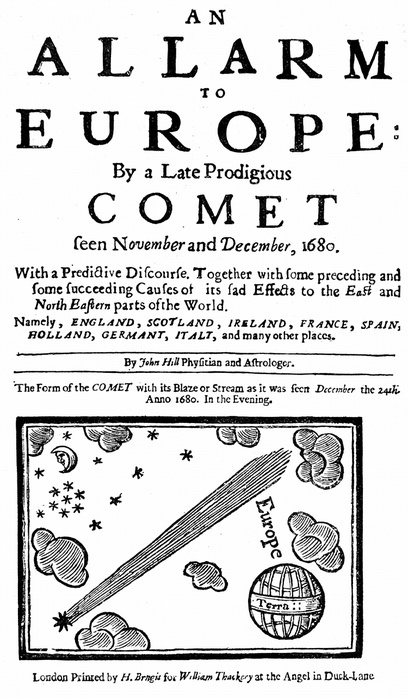 Title page of pamphlet by John Hill on the comet of December 1680 (Kirch).  At this date comets were still considered by many people to be phenomena of ill omen and were viewed with superstitious awe.