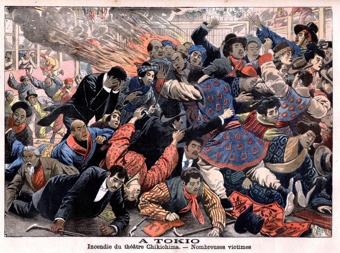 Fire in the Chikichima Theatre, Tokyo.  Victims knocked down and trampled on as people stampede in an attempt to escape the spreading fire. From 'Le Petit Journal', Paris, c1900.