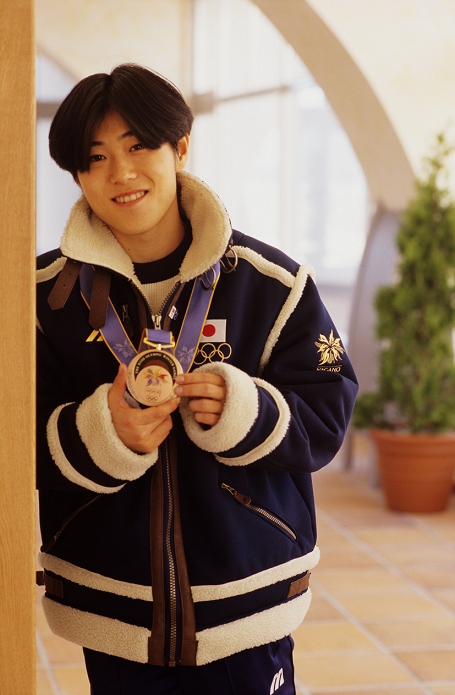 1998 Nagano Olympics Hitoshi Uematsu  JPN    Short Track   FEBRUARY 22, 1998 FEBRUARY 22, 1998   Short Track : Hitoshi Uematsu of Japan poses with his bronze medal during the Nagano 1998 Olympic Winter Games in Nagano, Japan.  Photo by AFLO SPORT   0006 .