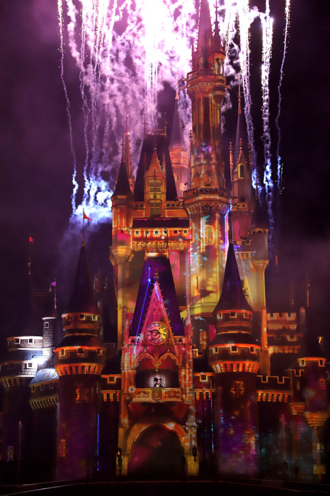 Tokyo Disneyland 35th Anniversary New Events Unveiled July 9, 2018, Tokyo, Japan   Images of Disney characters are projeted on the Cinderella castle at a press preview for the new night attraction  Celebrate  Tokyo Disneyland  at the Tokyo Disneyland in Urayasu, suburban Tokyo on Monday, July 9, 2018. The new attraction using projection mapping and fire works will be displayed at the Disney theme park from July 10 to celebrate park s 35th anniversary.      Photo by Yoshio Tsunoda AFLO  LWX  ytd 
