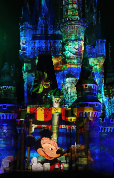 Tokyo Disneyland 35th Anniversary New Events Unveiled July 9, 2018, Tokyo, Japan   Images of Disney characters are projeted on the Cinderella castle at a press preview for the new night attraction  Celebrate  Tokyo Disneyland  at the Tokyo Disneyland in Urayasu, suburban Tokyo on Monday, July 9, 2018. The new attraction using projection mapping and fire works will be displayed at the Disney theme park from July 10 to celebrate park s 35th anniversary.      Photo by Yoshio Tsunoda AFLO  LWX  ytd 