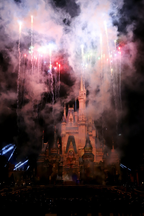 Tokyo Disneyland 35th Anniversary New Events Unveiled July 9, 2018, Tokyo, Japan   Fire works are displayed above the Cinderella castle at a press preview for the new night attraction  Celebrate  Tokyo Disneyland  at the Tokyo Disneyland in Urayasu, suburban Tokyo on Monday, July 9, 2018. The new attraction using projection mapping and fire works will be displayed at the Disney theme park from July 10 to celebrate park s 35th anniversary.      Photo by Yoshio Tsunoda AFLO  LWX  ytd 