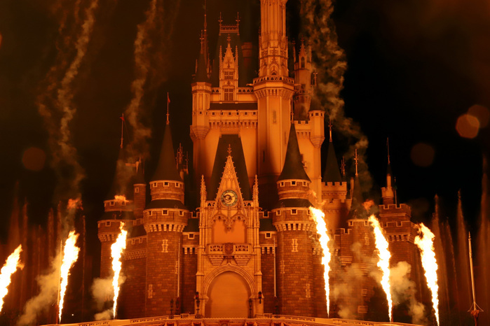 Tokyo Disneyland 35th Anniversary New Events Unveiled July 9, 2018, Tokyo, Japan   Fire works are displayed above the Cinderella castle at a press preview for the new night attraction  Celebrate  Tokyo Disneyland  at the Tokyo Disneyland in Urayasu, suburban Tokyo on Monday, July 9, 2018. The new attraction using projection mapping and fire works will be displayed at the Disney theme park from July 10 to celebrate park s 35th anniversary.      Photo by Yoshio Tsunoda AFLO  LWX  ytd 