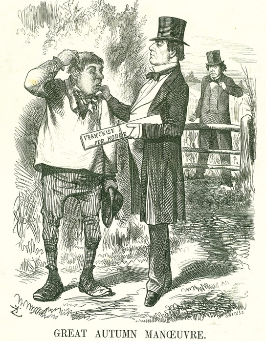 Great Autumn Manoeuvre':  Gladstone thought that eventually the vote must be given to agricultural labourers (Hodge). At this time his premiership was shaky and Disraeli is waiting to take his place. John Tenniel cartoon from 'Punch', London, 9 August 1873.