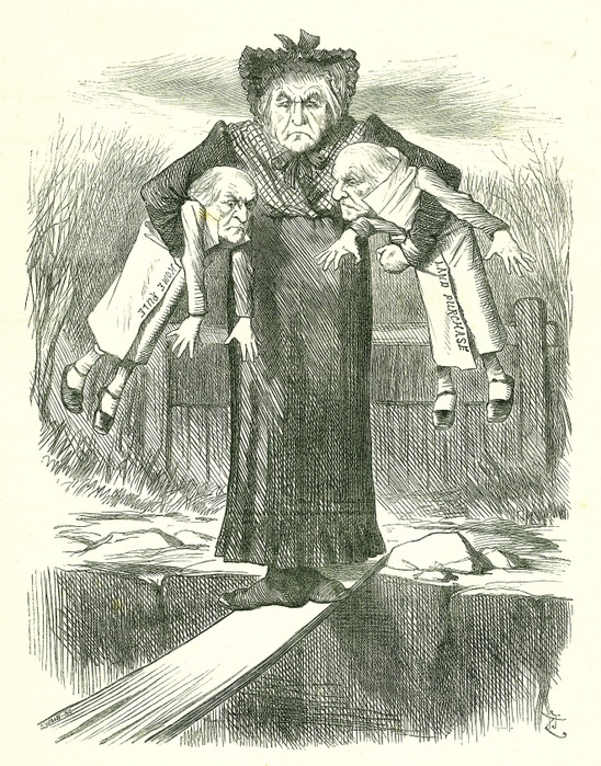 Set Down Two, and Carry One.'?: Gladstone, the British Prime Minister, in a quandary over which of the controversial Irish bills to jettison.   John Tenniel cartoon from 'Punch', London, 3 April 1886.