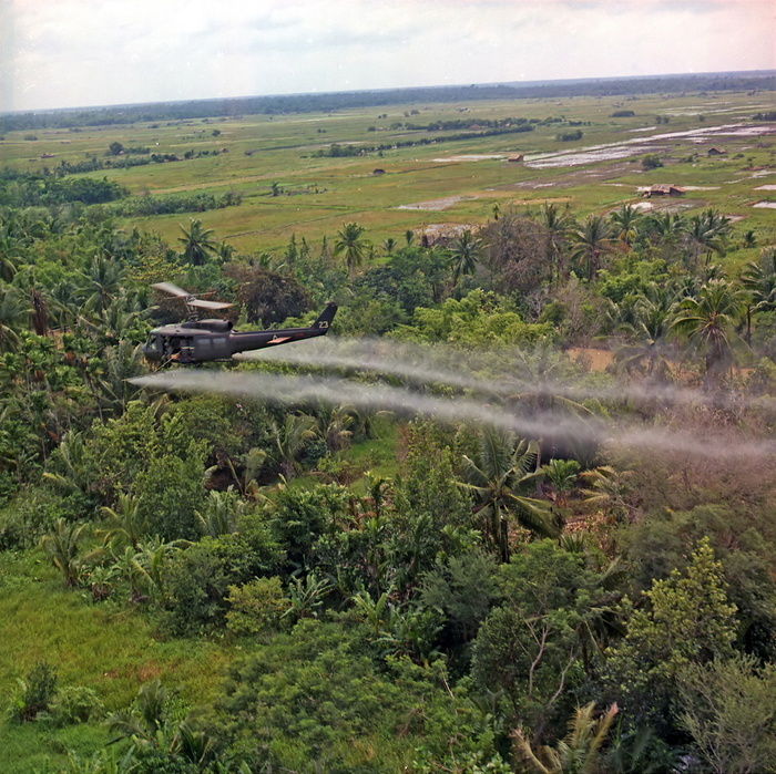 Vietnam War U.S. aircraft spraying defoliant A UH 1D helicopter from the 336th Aviation Company sprays a defoliation agent on a dense jungle area in the Mekong Delta, 26 July 1969.