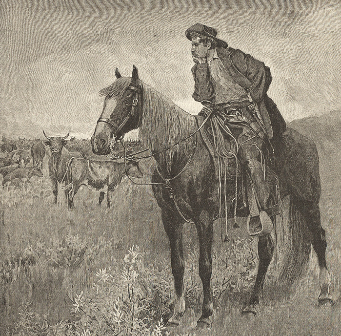A Montana cowboy watching the herd during a quiet moment in a cattle drive.  Engraving 1885.