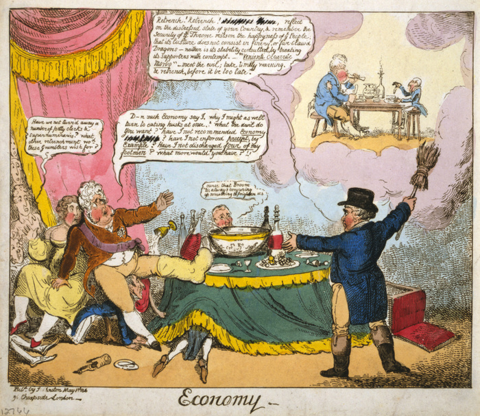 Economy':  Lord Brougham as John Bull, calling on the Prince Regent (later George IV) to retrench and curb his extravagance and to think of the people.  Unless he does he will end up in rags (vision at top right).  Sitting next to the Regent is his mistress, Lady Hertford. Cartoon by George Cruikshank, London 1816.