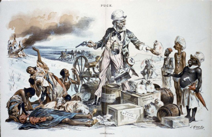 Consistency': Uncle Sam's generosity to Africans, Asians and Europeans, while while killing Native Americans at the Battle of Wounded Knee, 1891. Satirical cartoon by Joseph Keppler for 'Puck', 1891. Cooured lithograph.