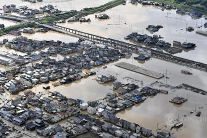 Record rainfall in western Japan The urban area of Mabi cho, where flooded areas remain, is photographed by Takeshi Inokai from the head office helicopter at 8:51 a.m. on July 9, 2018, in Kurashiki, Okayama Prefecture.