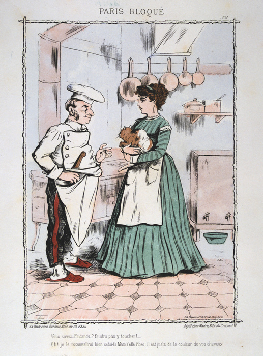 Franco-Prussian War 1870-1871: Siege of Paris 19 Sept 1870-28 Jan 1871. Chef trying to reassure woman that he was not suggesting cooking her pet. From 'Paris Bloque', Faustin Betbeder.  France Germany Food Shortage Hunger