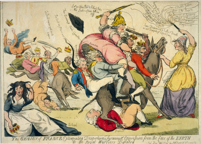 Genius of France extirpating despotism ... Or the royal warriors defeated. Isaac Cruikshank, 1792.  Marianne (France) determined to inflict death on all despots (world rulers). Maria I of Portugal tearing hair, bottom left.   Revolution